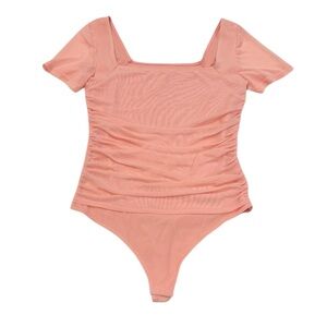 Womens Square Neck mesh detailed light Coral pink bodysuit L NWOT